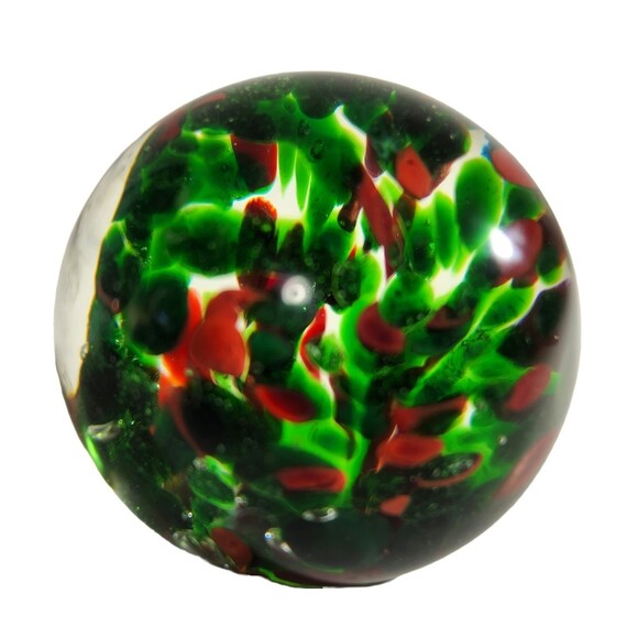 Blown Glass Paperweight Clear over Green Red Christmas Colors 3 in. - Picture 2 of 6